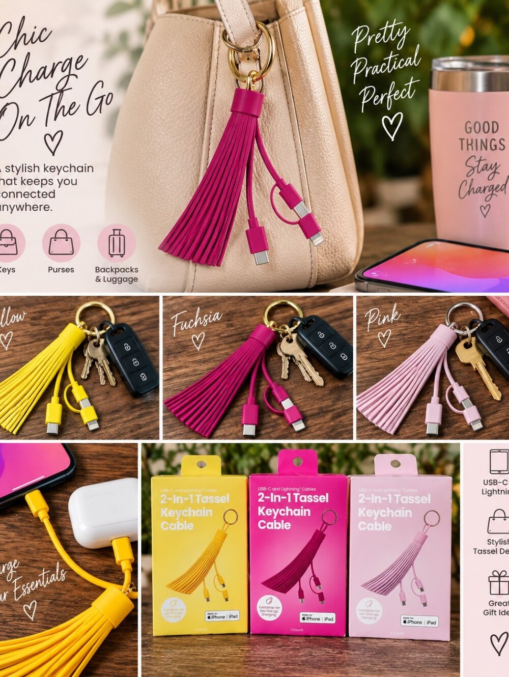 2-in-1 Tassel Keychain Charging Cable USB-C Lightning Choice of Color, NWT
